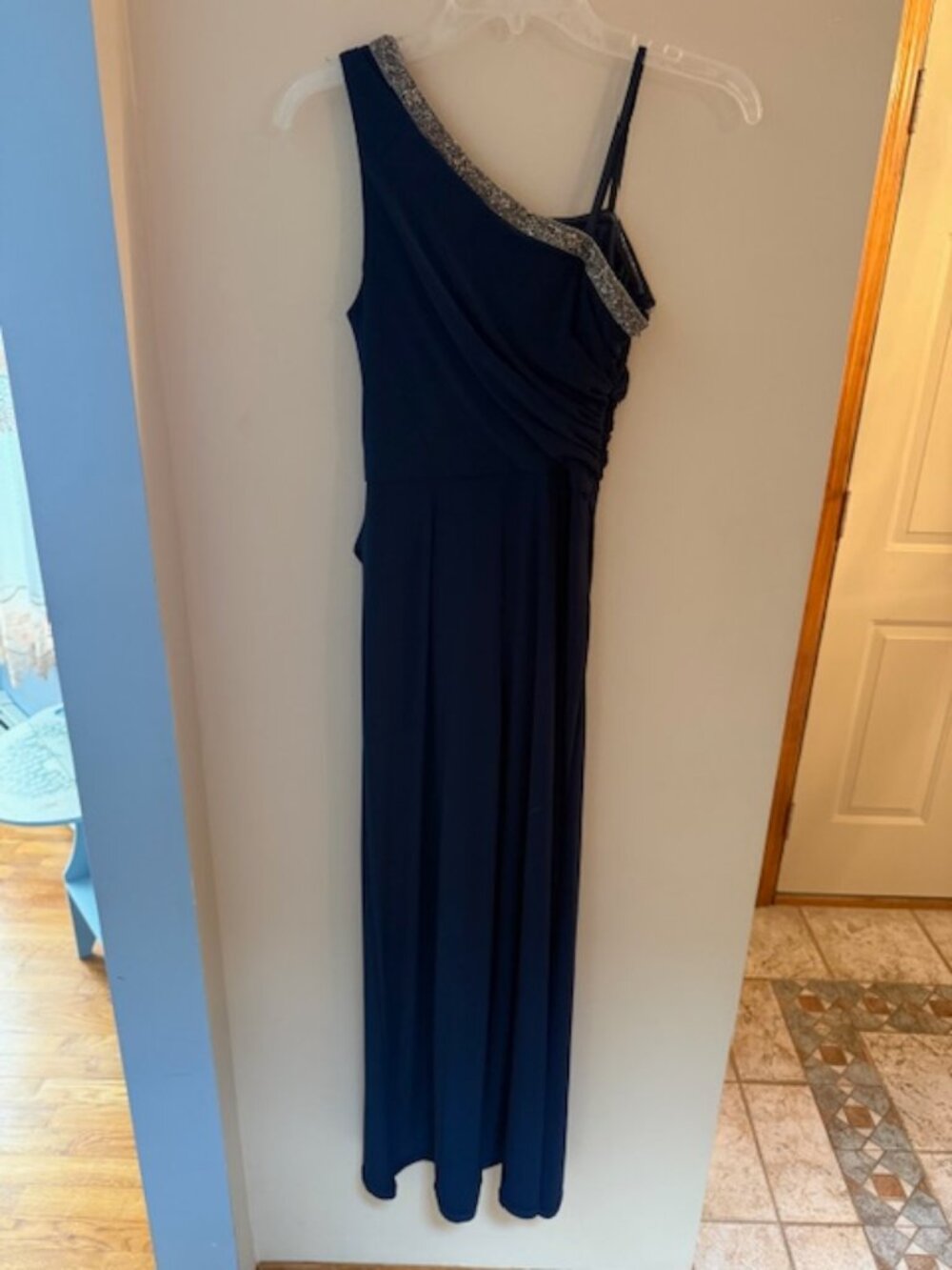Adrianna Papell Beaded One Shoulder Jersey Navy Jumpsuit - Size 2
